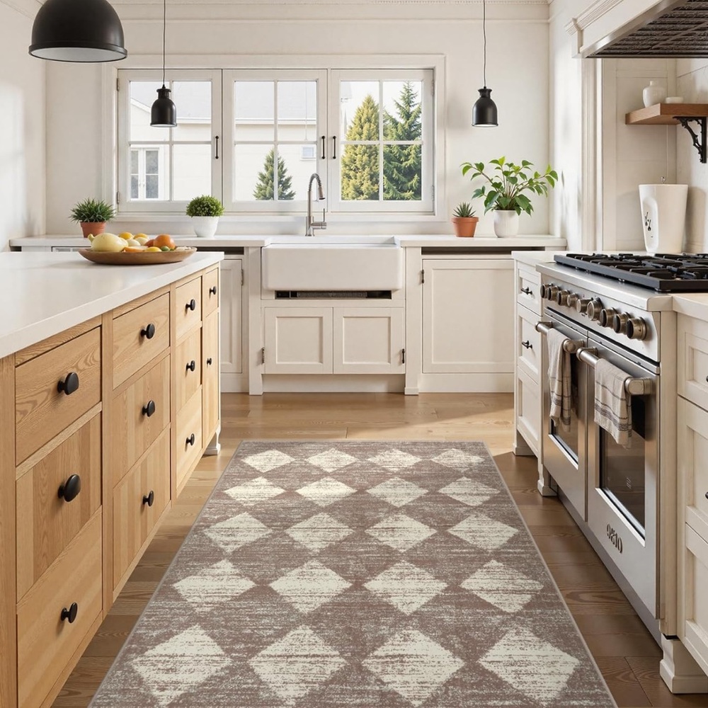 🆕 Mushroom & Ivory Check Checker Plaid 3’ x 5’ MACHINE WASHABLE Area Rug